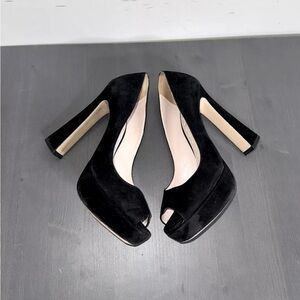 Classic Miu Miu Suede Leather Peep Toe Flared Heel Black Platform Pumps